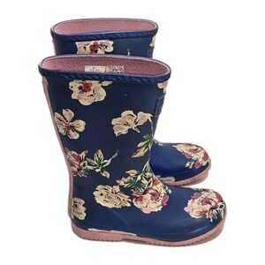 Joules Kids Rain Boots JNR‎ Roll Up • US 2 • EU 33 • Navy Floral Pink Trim